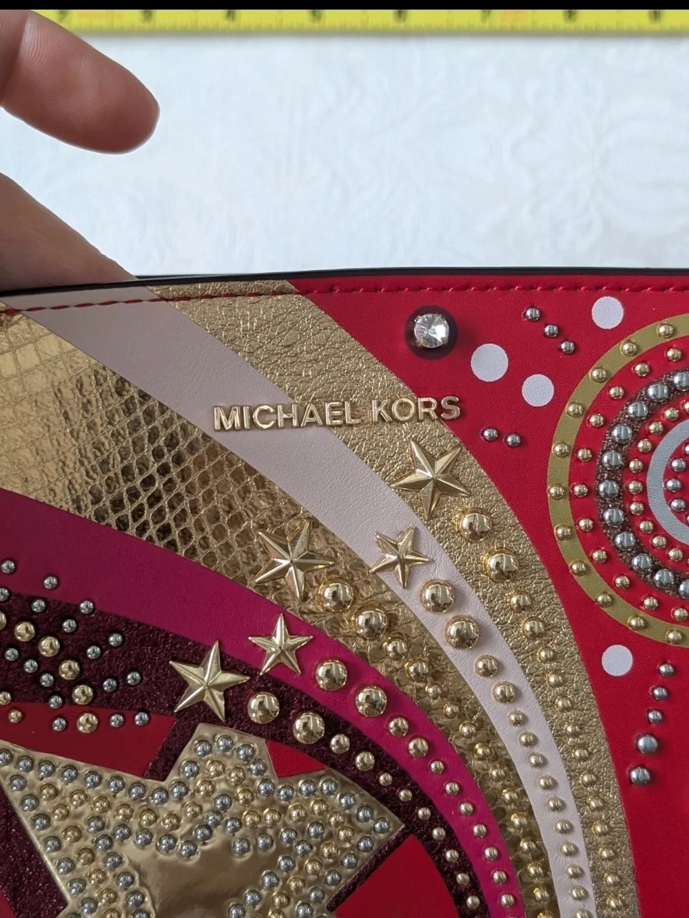 Michael Kors Red Shoulder Bag Star Studded Metallic Crystal Zip Gold Hardware